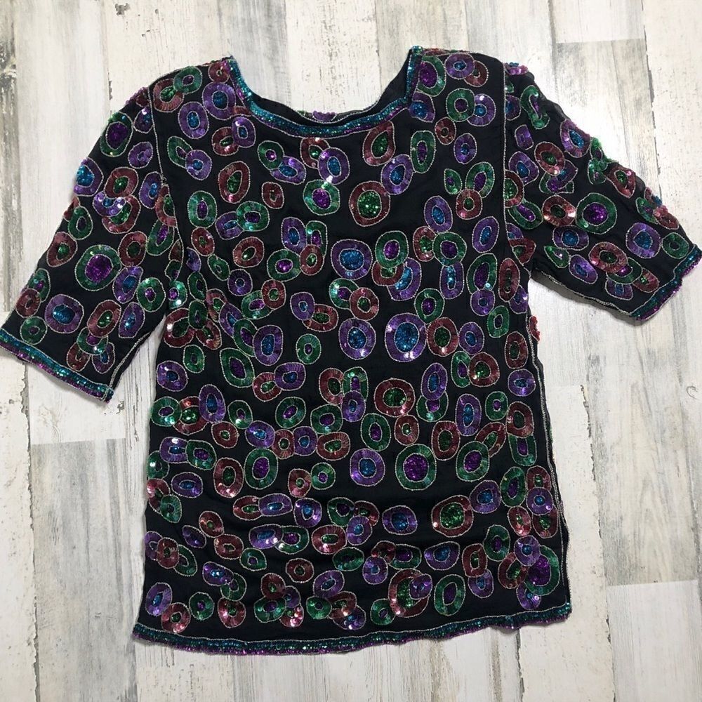 Vintage Beaded Sequin Blouse Top Mod Circle Design